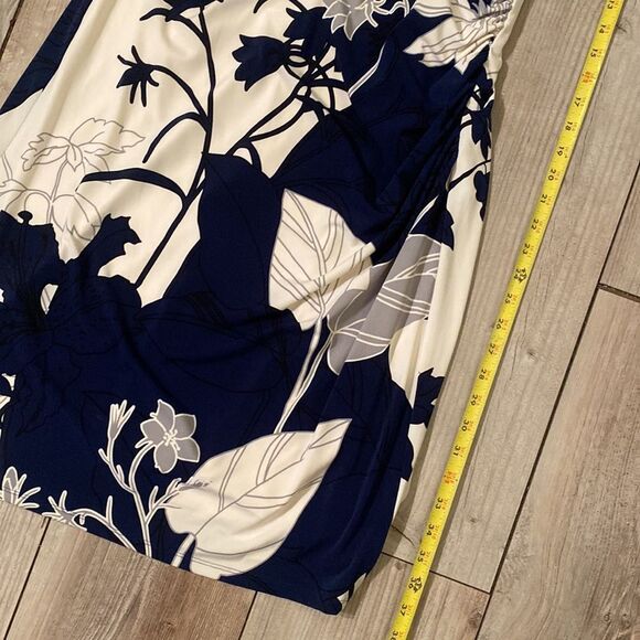 Navy Blue and Cream Ralph Lauren Size 14 Lined Polyester & Spandex Floral Dress - Picture 6 of 12